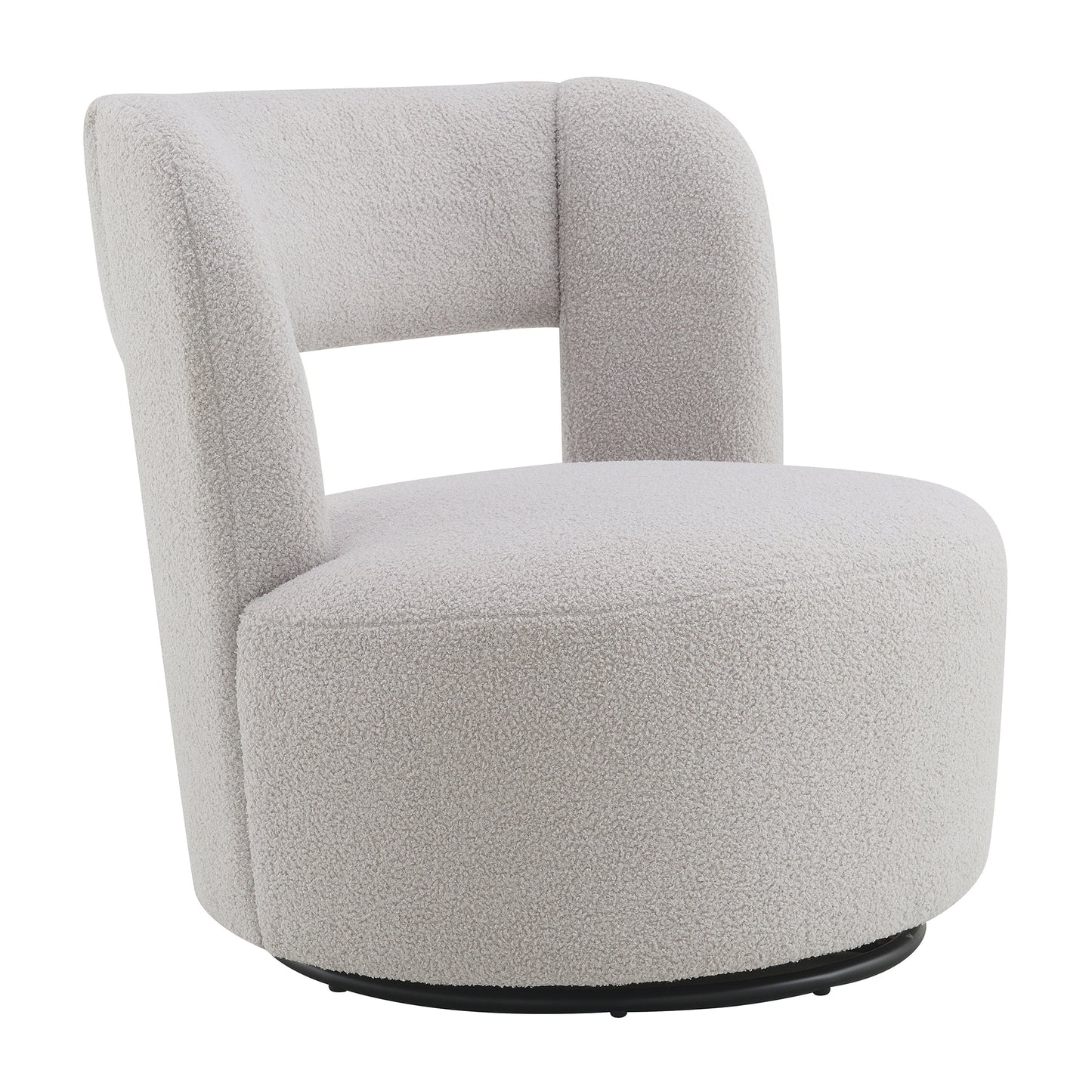 Plush teddy fabric accent chair in cream featuring a swivel base and rounded arms for modern comfort