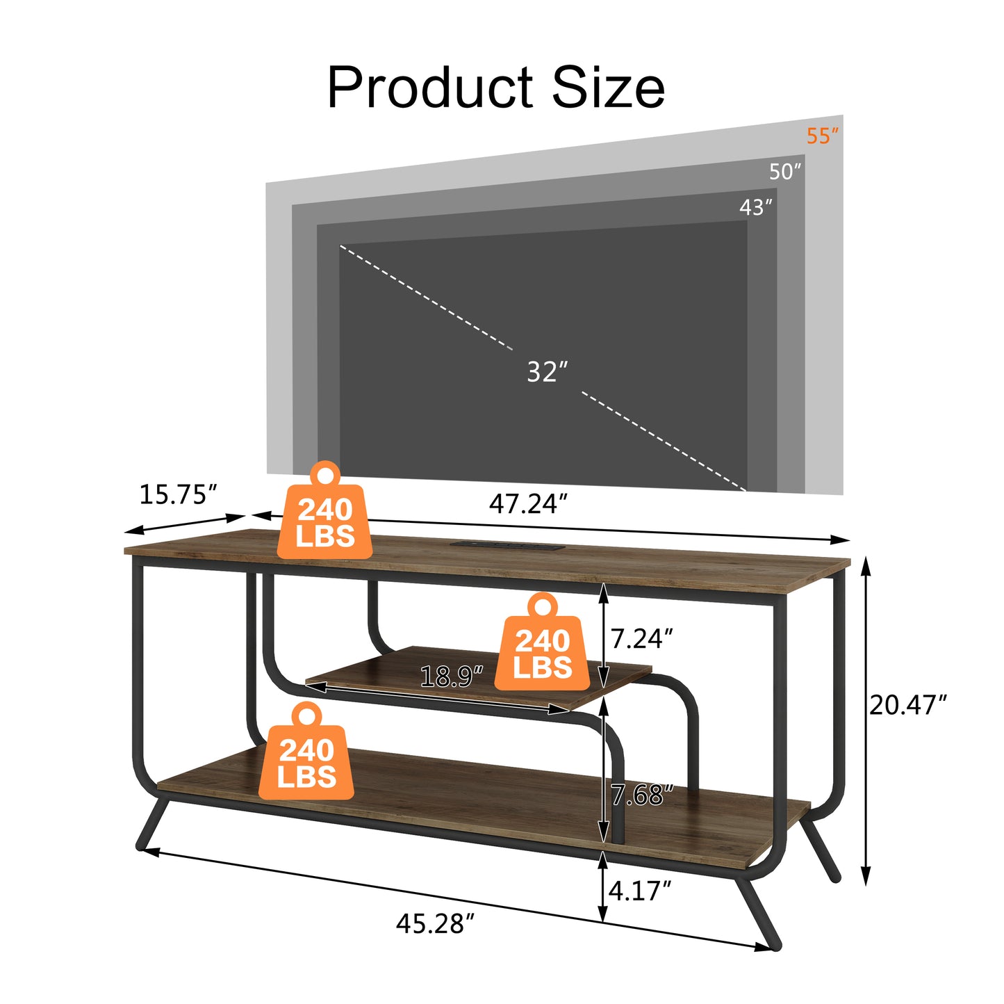 Rustic brown wooden media console with black metal frame and two shelves width