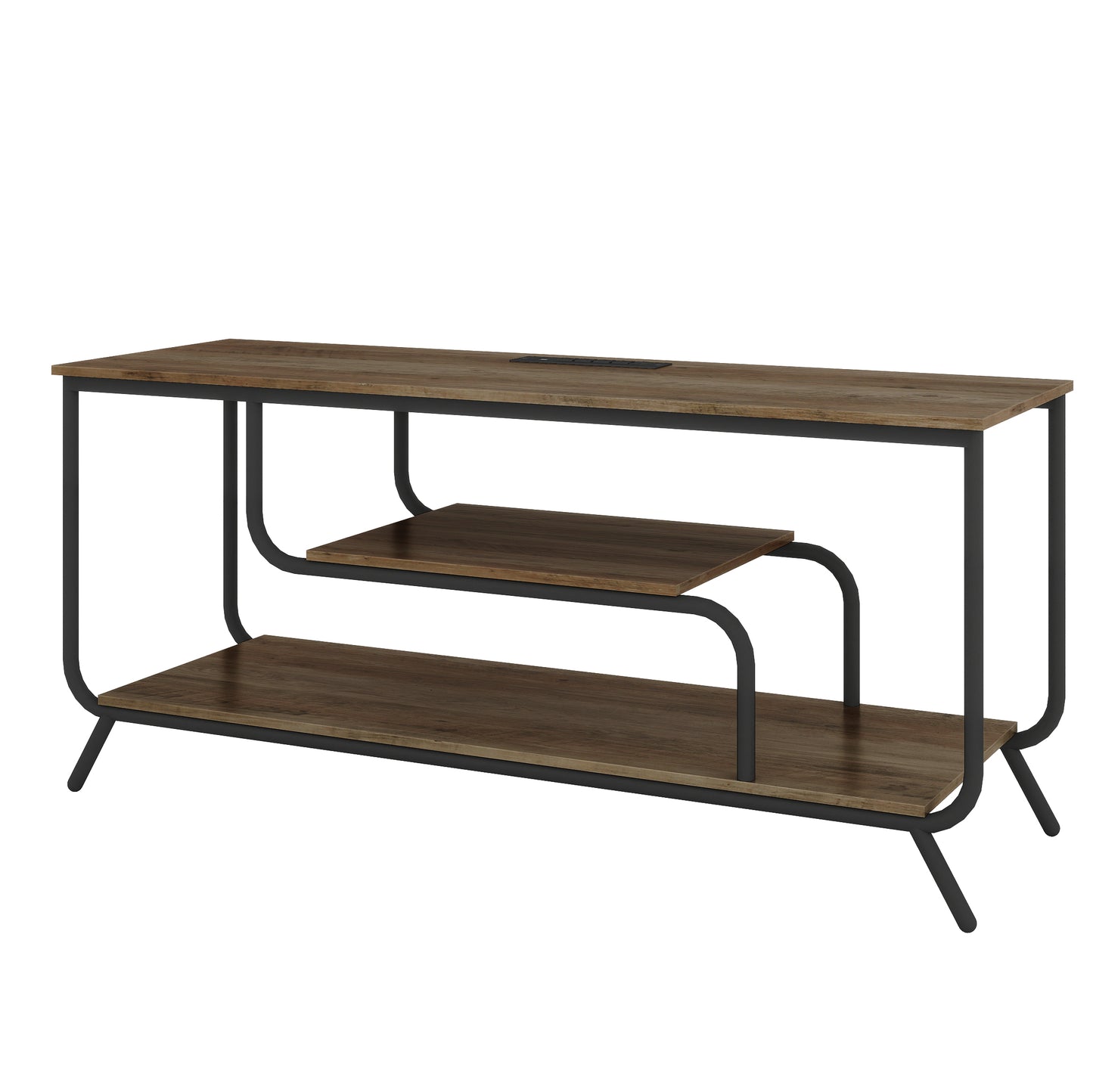Modern walnut veneer media console with black metal frame and multiple shelves