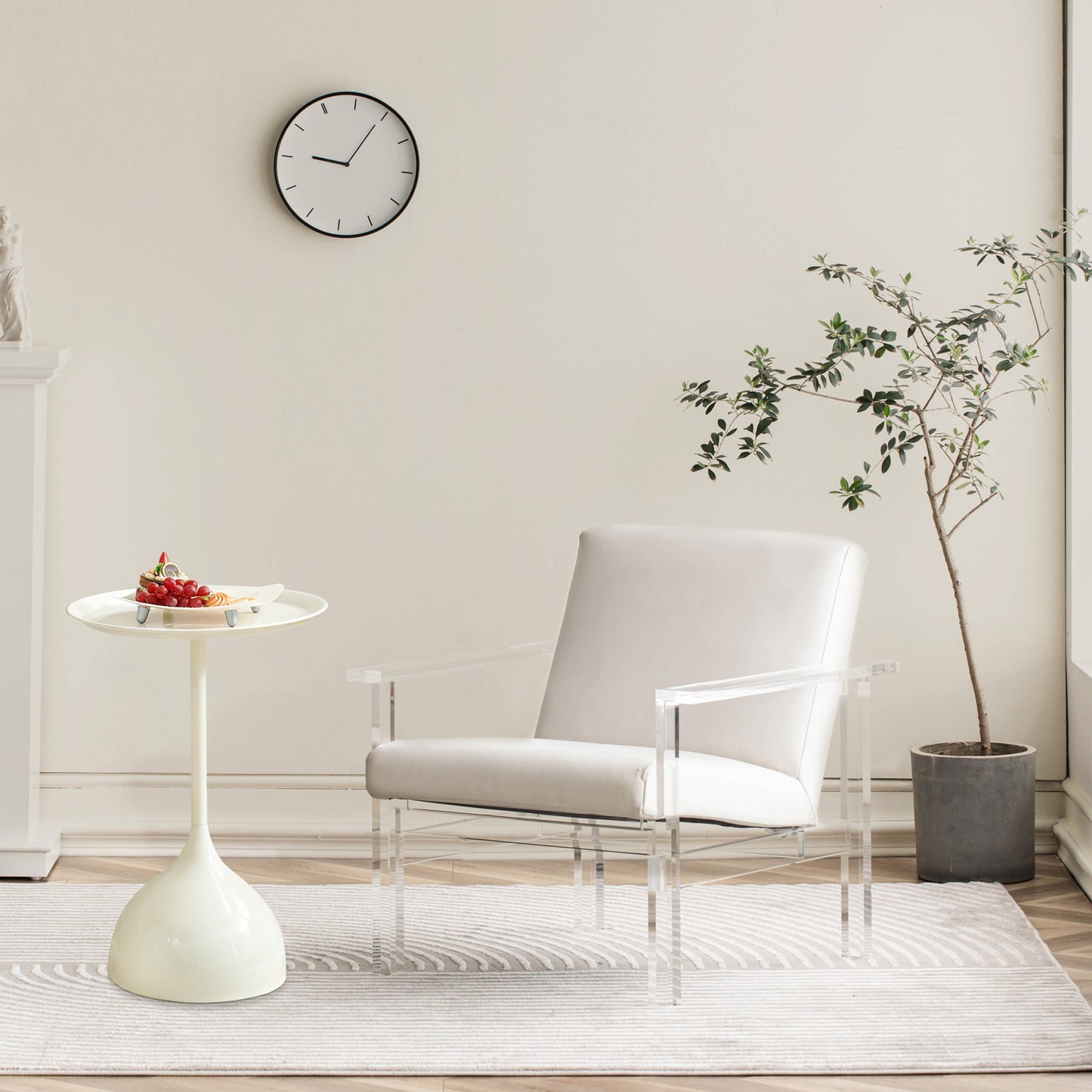 Modern white accent chair with clear acrylic frame for living room decor