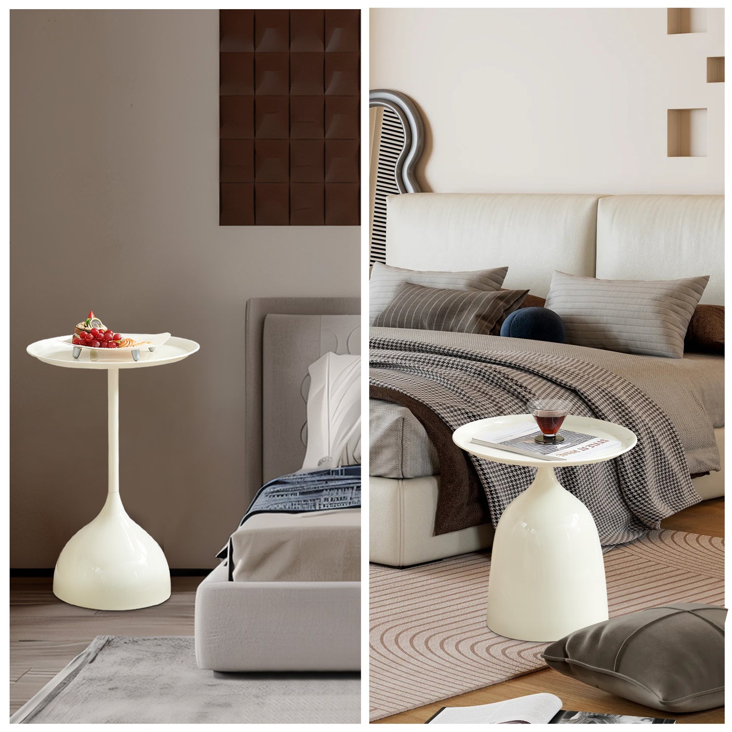 White contemporary accent table with a sculptural base beside a bed