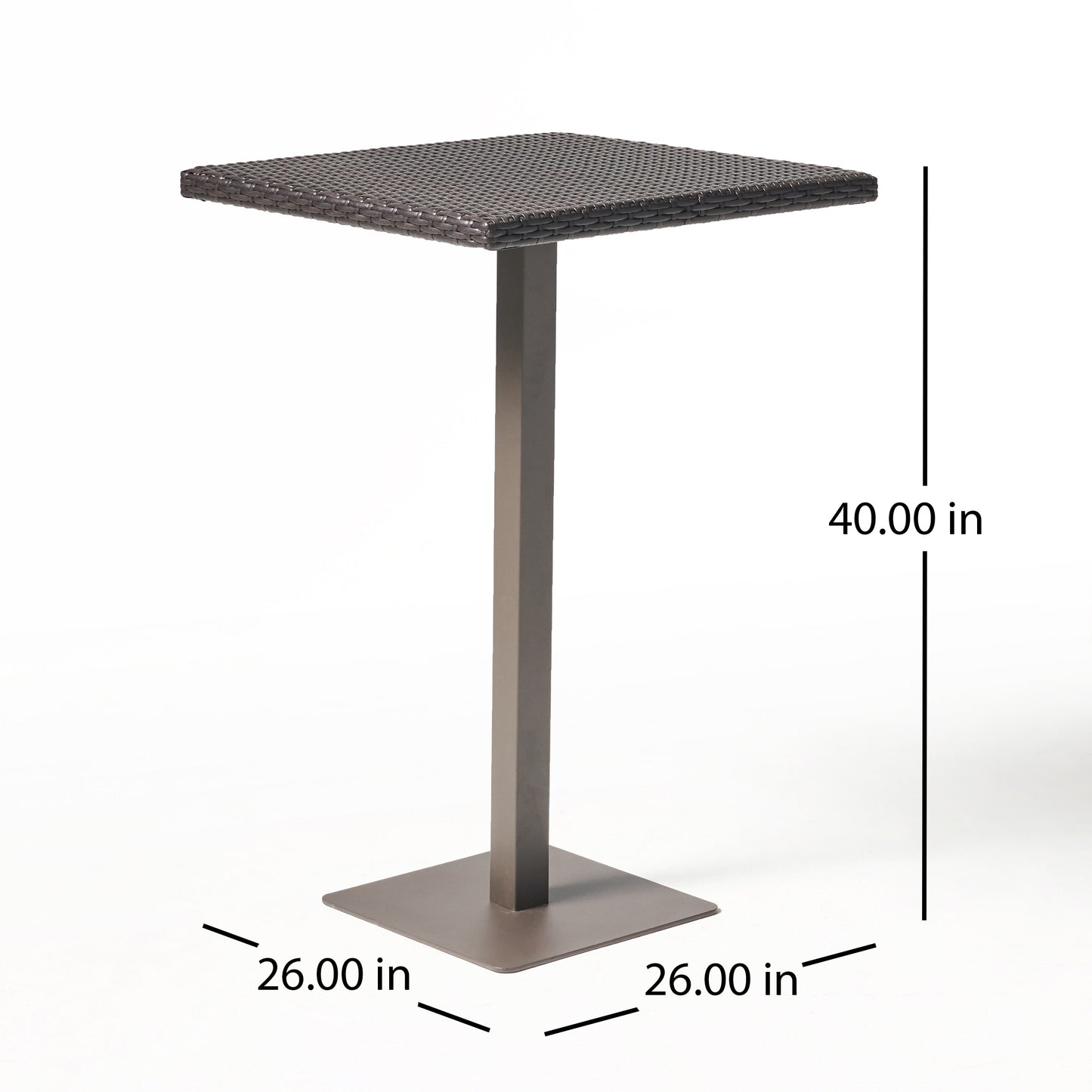Square patio bar table with dark brown rattan top and metal pedestal base