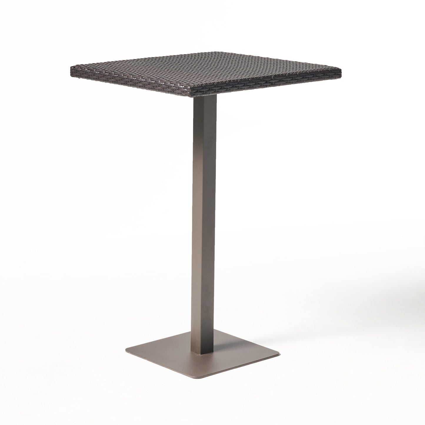 Dark brown rattan square bar table with a brushed metal pedestal base