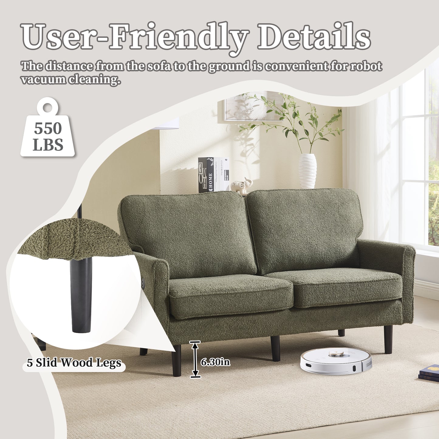 Green textured sofa with solid wood legs in height for robot vacuum cleaning