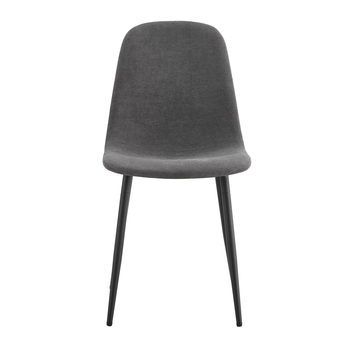 Gray upholstered dining chair with black metal legs