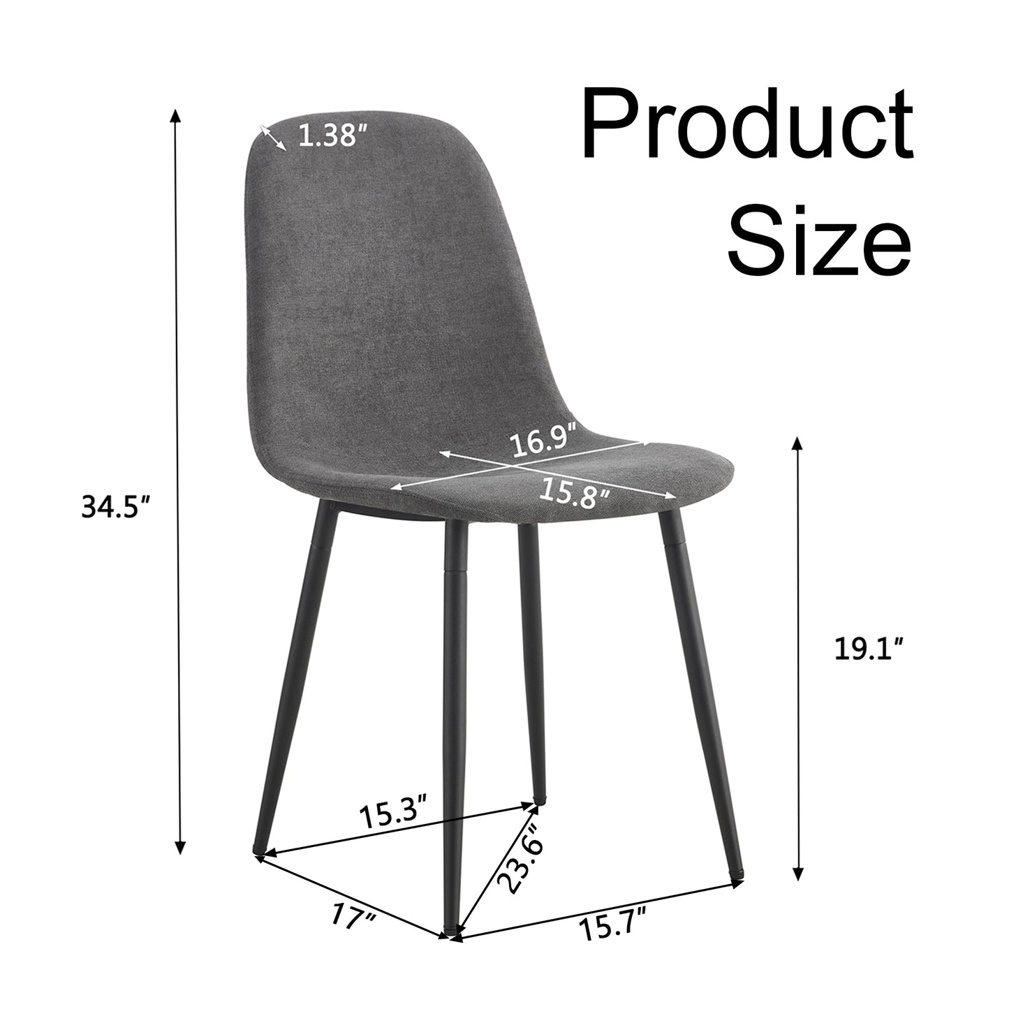 Grey fabric upholstered dining chair with black metal legs H W seat