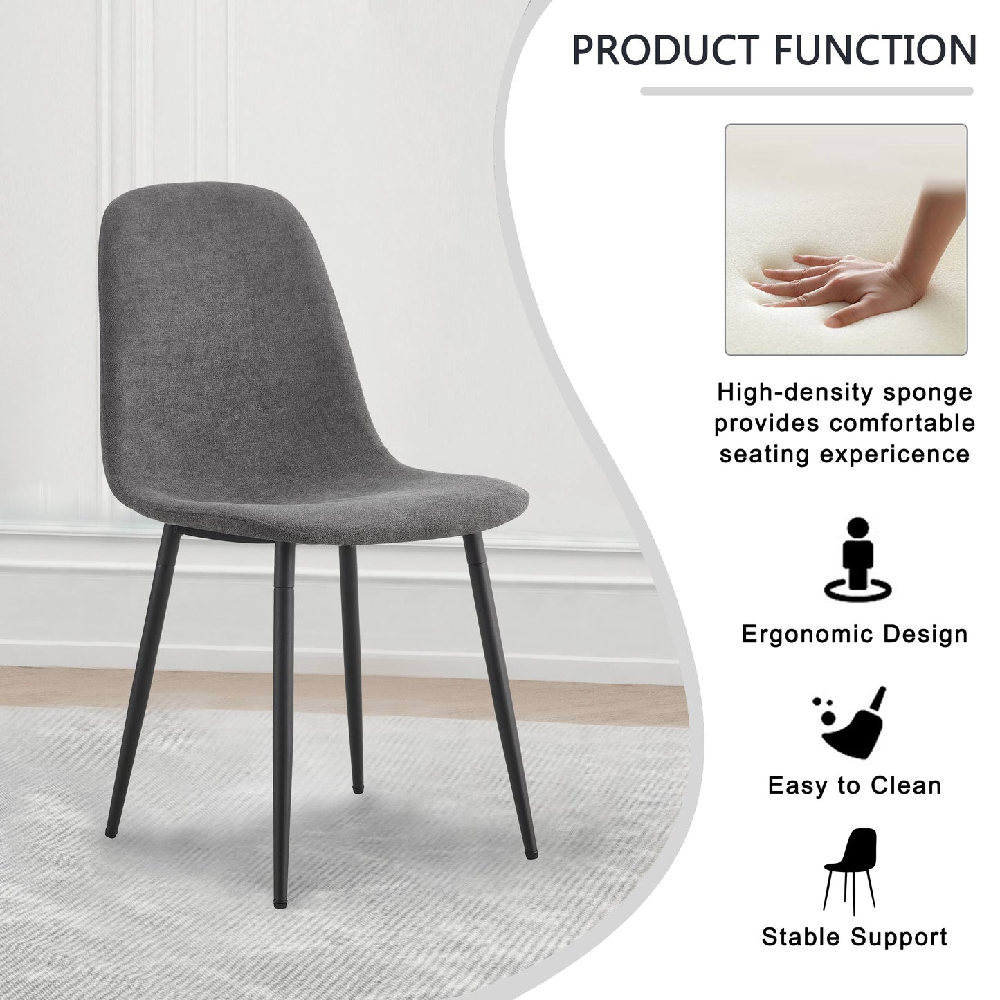 Dark gray upholstered dining chair with black metal legs showcasing ergonomic design