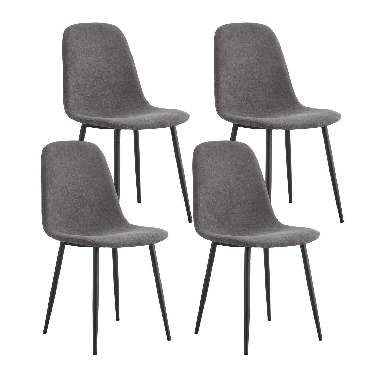 Set of four grey upholstered dining chairs with black metal legs