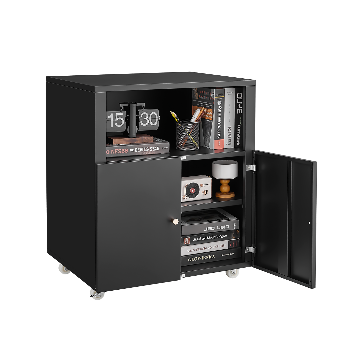 Black metal filing cabinet with flip clock and assorted books