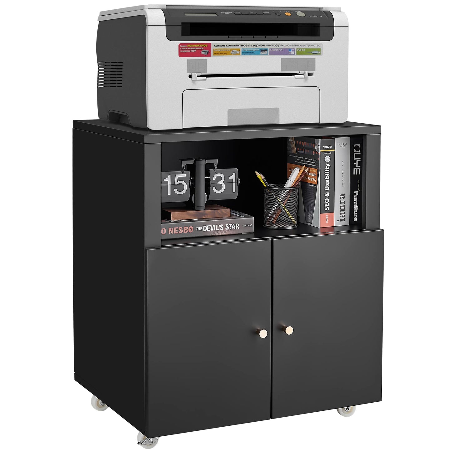 Black metal office cabinet with a white and gray printer and books