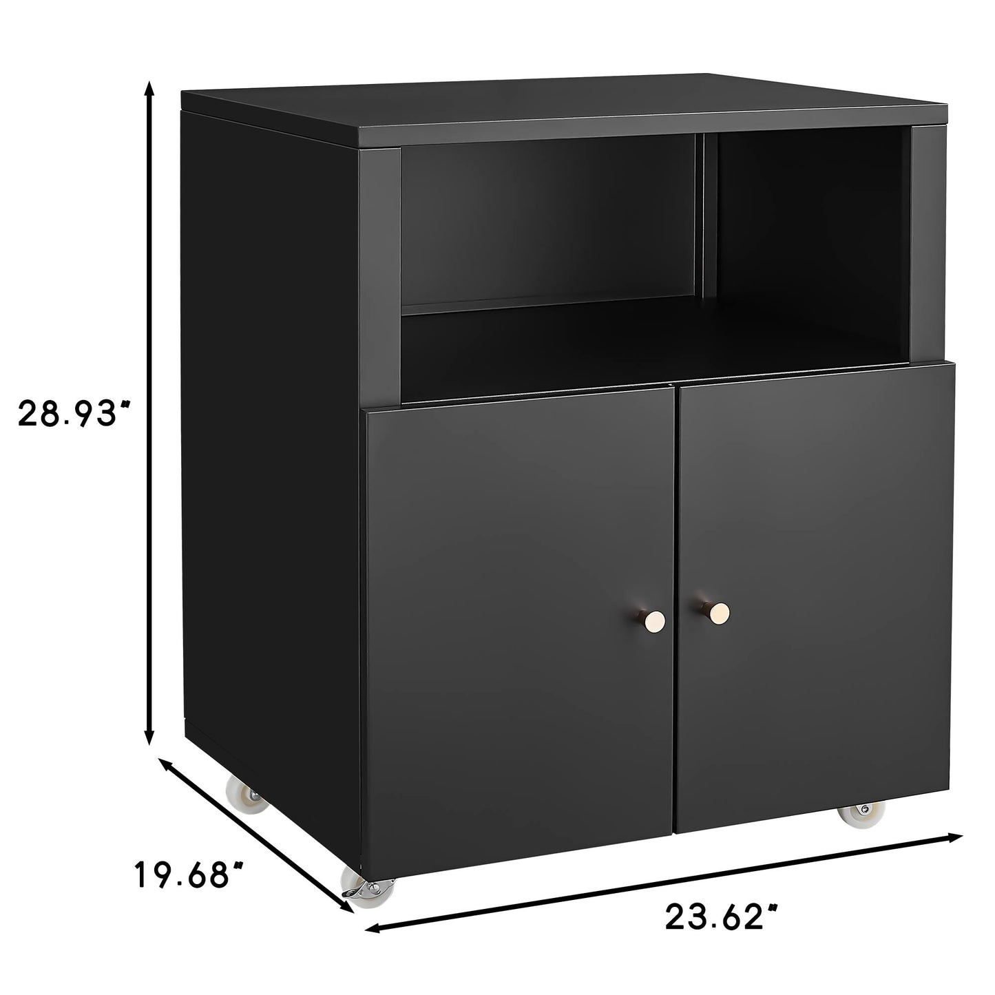 Black metal storage cabinet with two doors and open shelf on wheels