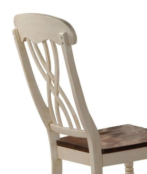 Antique white dining chair with woven back detail and wood seat