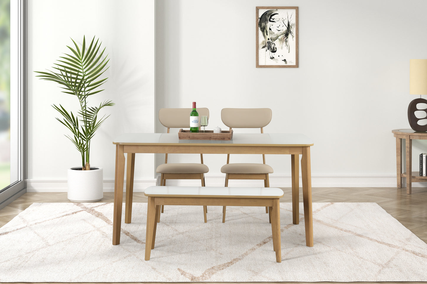 Minimalist white and wood dining table set with two upholstered chairs and a bench