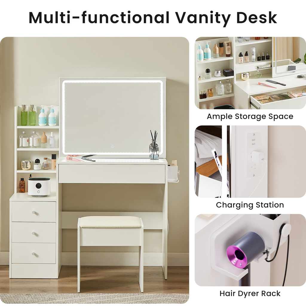 White vanity desk with LED mirror and threedrawer side cabinet