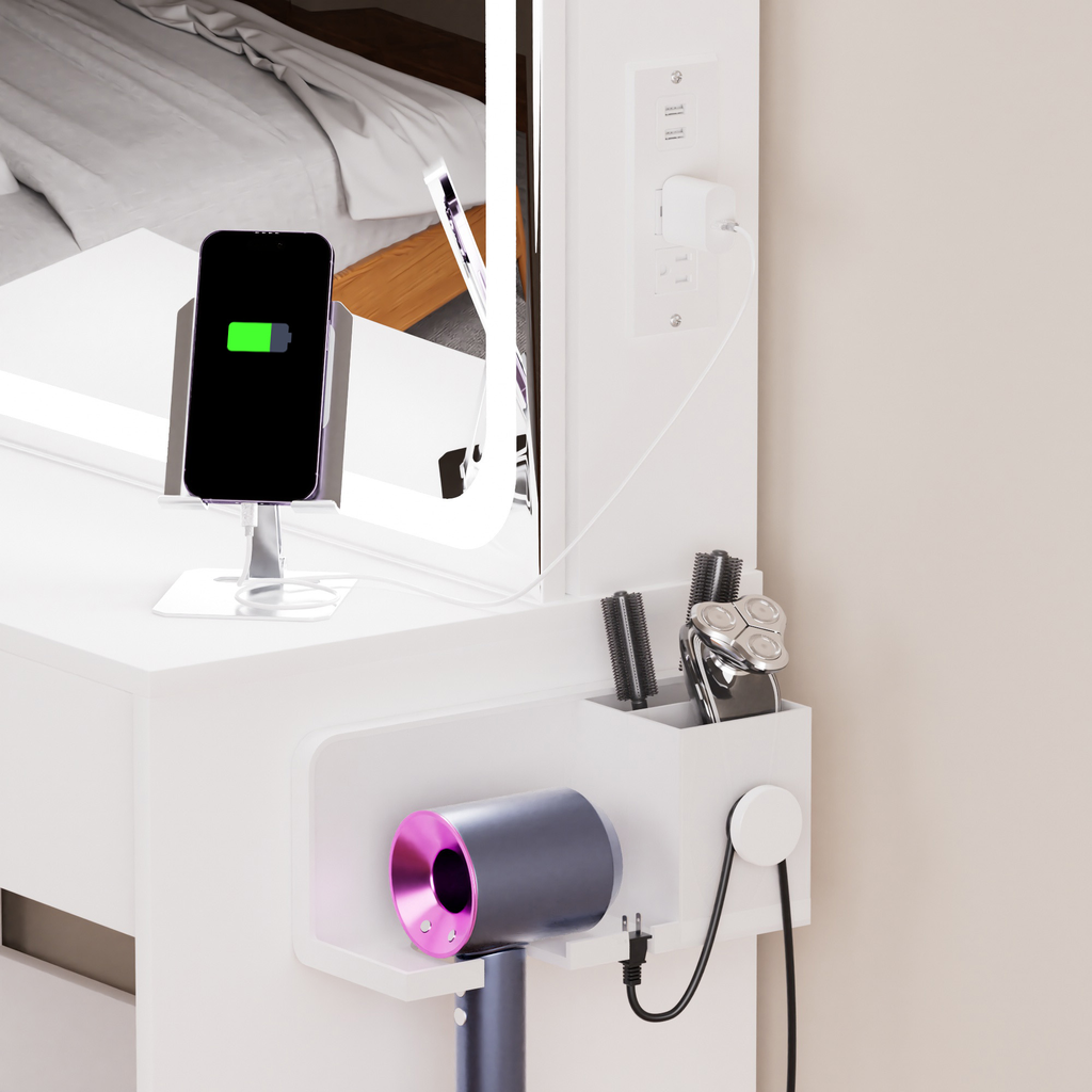 Grey hairdryer with pink accents and charging stand