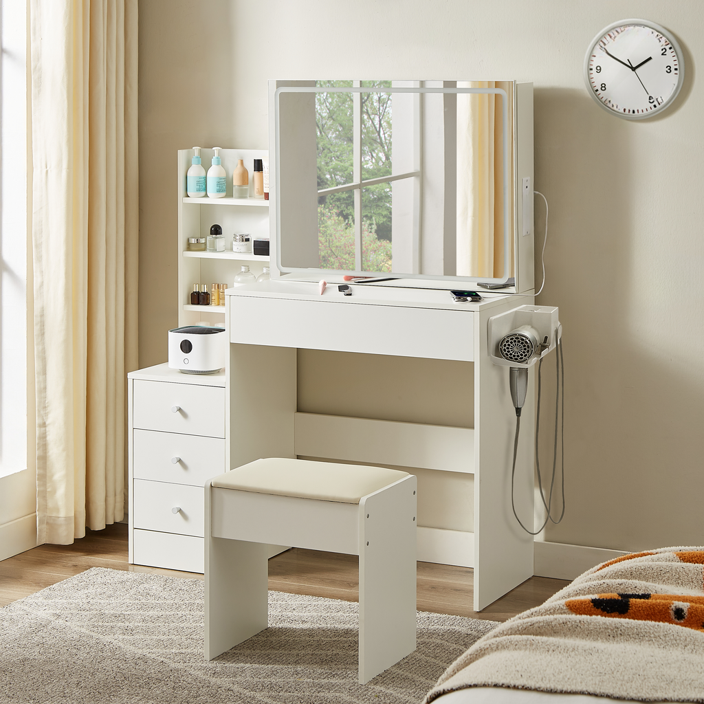 Modern white vanity table with illuminated mirror and makeup storage