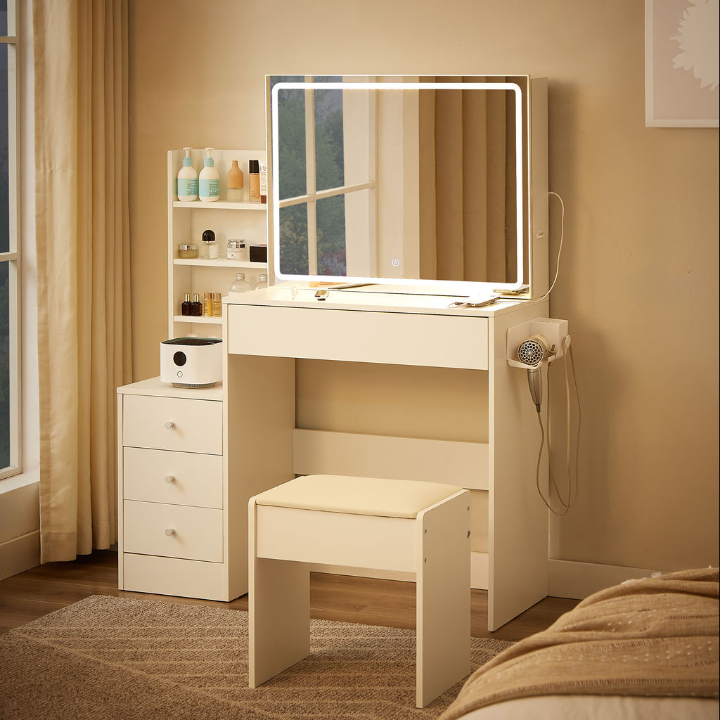White vanity desk with LED mirror and stool