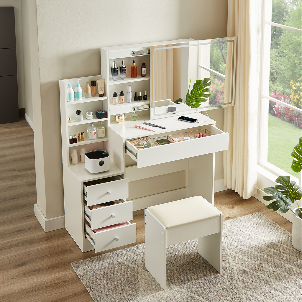 White vanity desk with illuminated mirror and storage