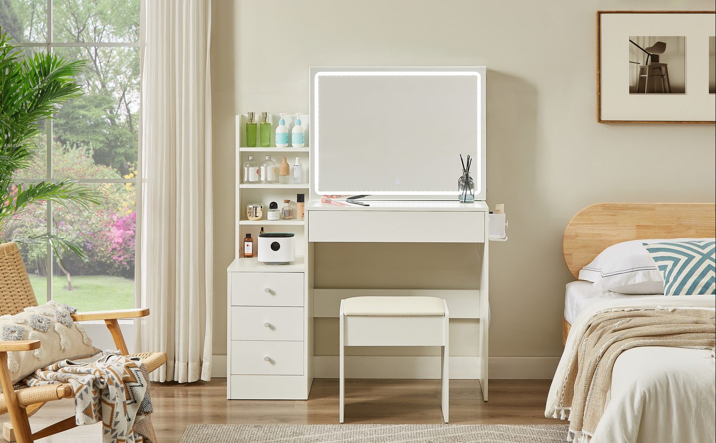 White makeup vanity with LED mirror and stool