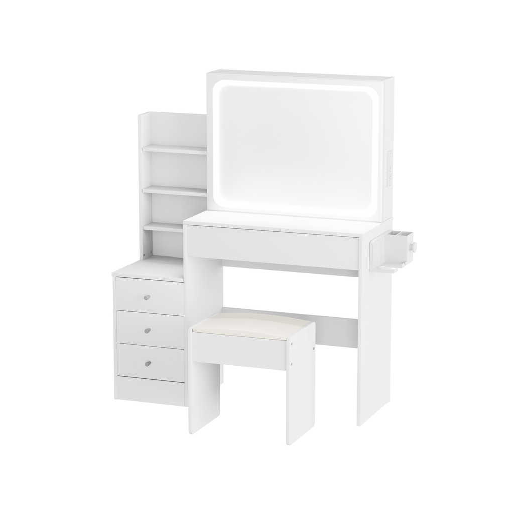 White makeup vanity with lighted mirror and stool