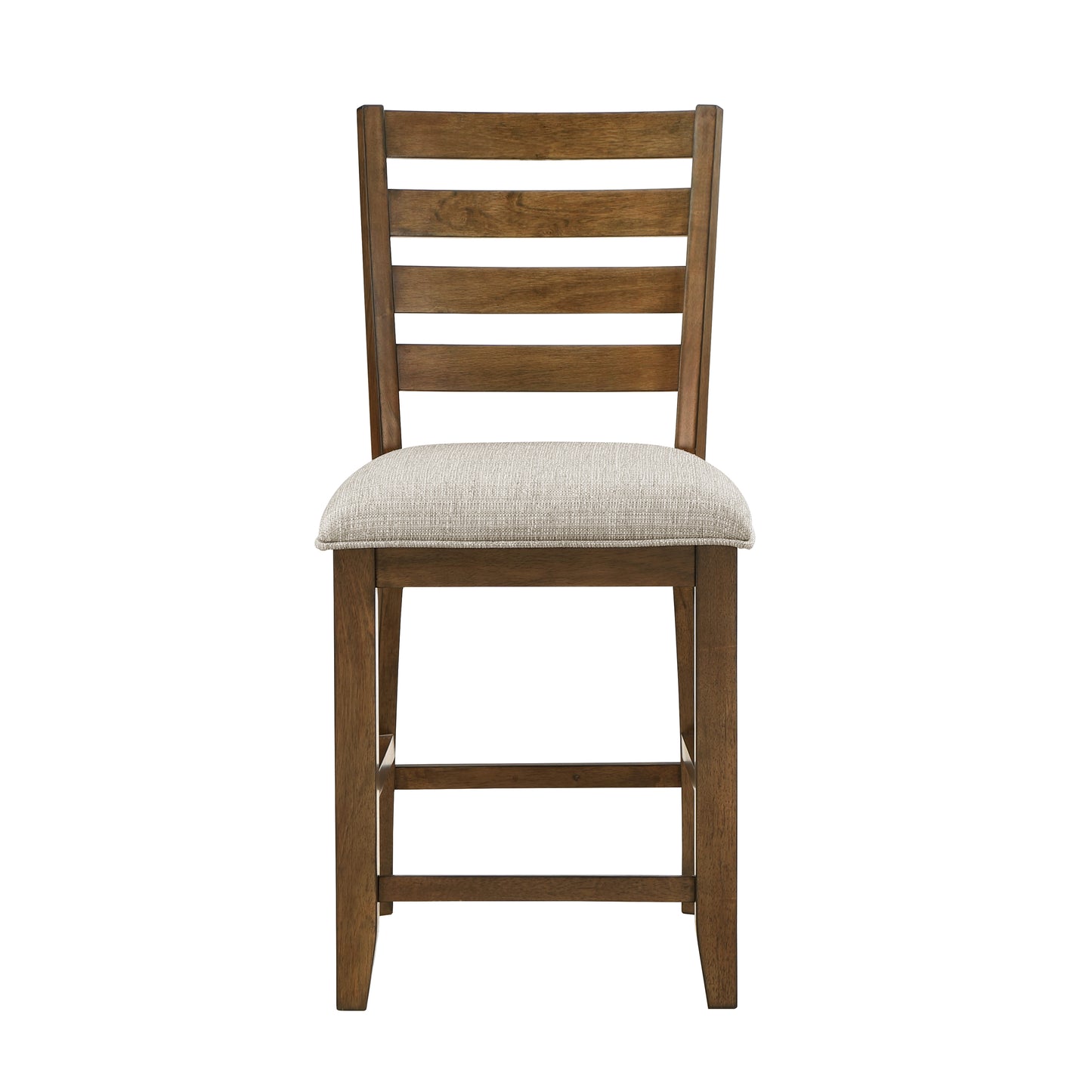 Wooden counter stool with horizontal slatted back and light grey upholstered seat
