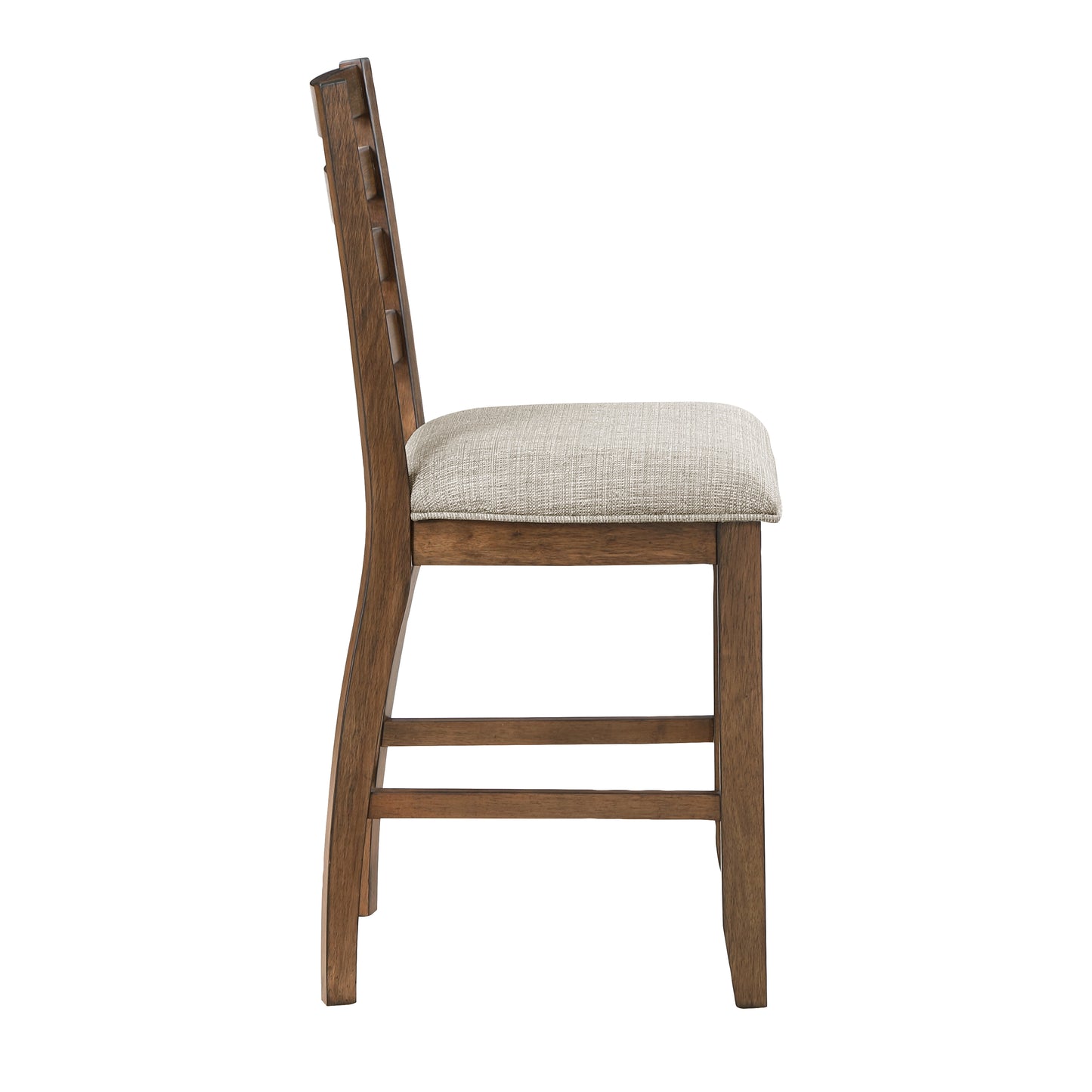 Side view of a rustic wooden counter stool with a light gray upholstered seat