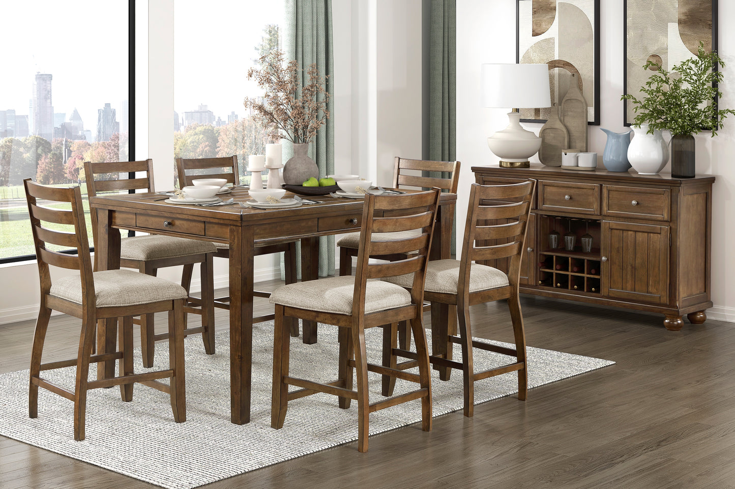 Wooden bar stool with upholstered seat and ladder back perfect for a modern kitchen