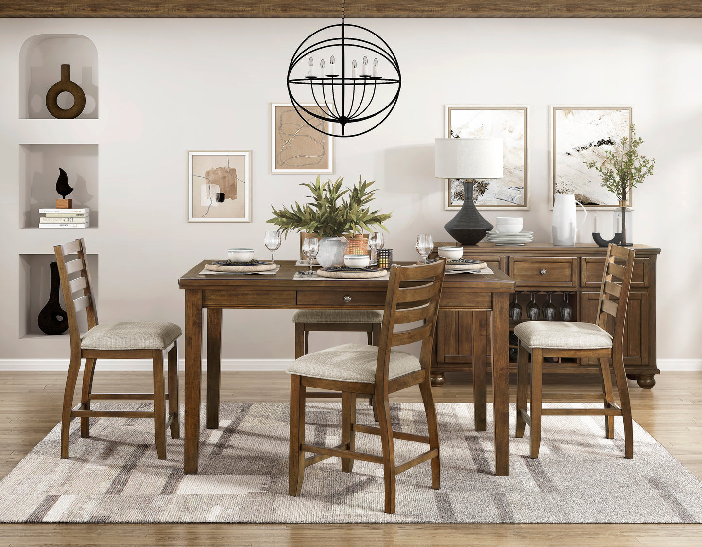Rustic wood dining table with four upholstered counter stools and a buffet