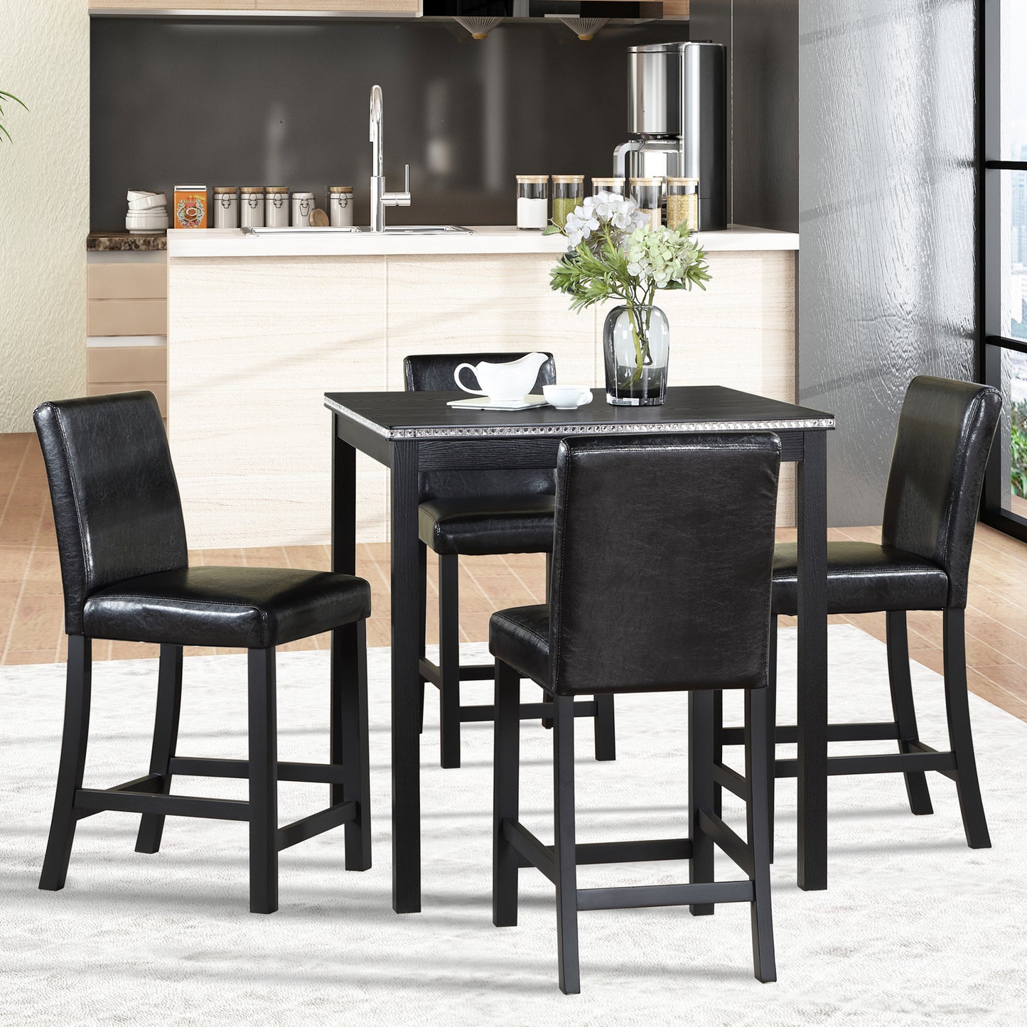 Black faux leather counter stool with dark wood legs and padded seat