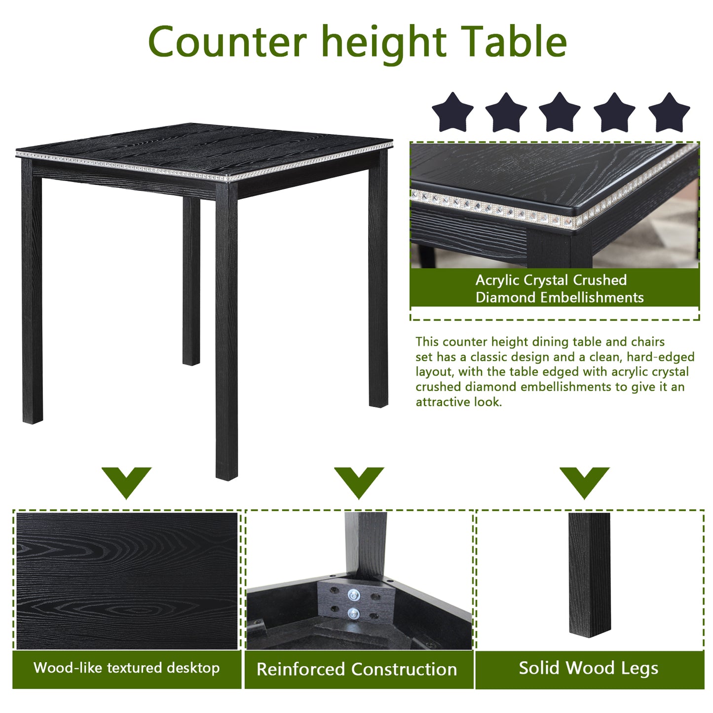 Black counter height table with woodlike texture and diamond embellishments