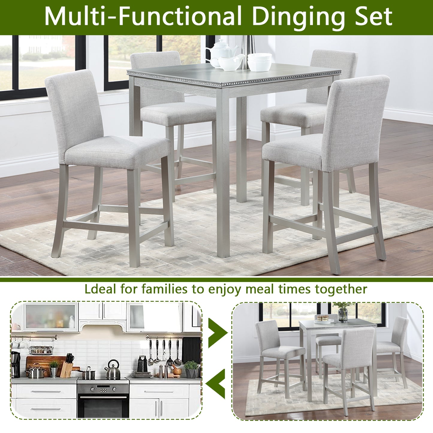 Gray fabric counterheight stools around a gray wooden dining table