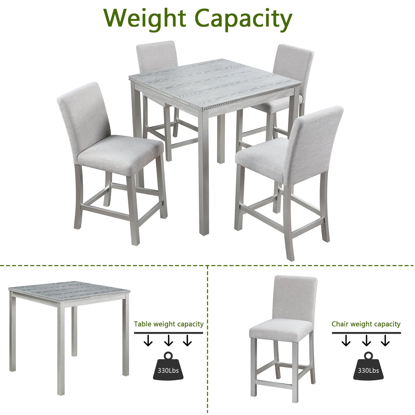 Gray wooden bar table with four upholstered counter stools