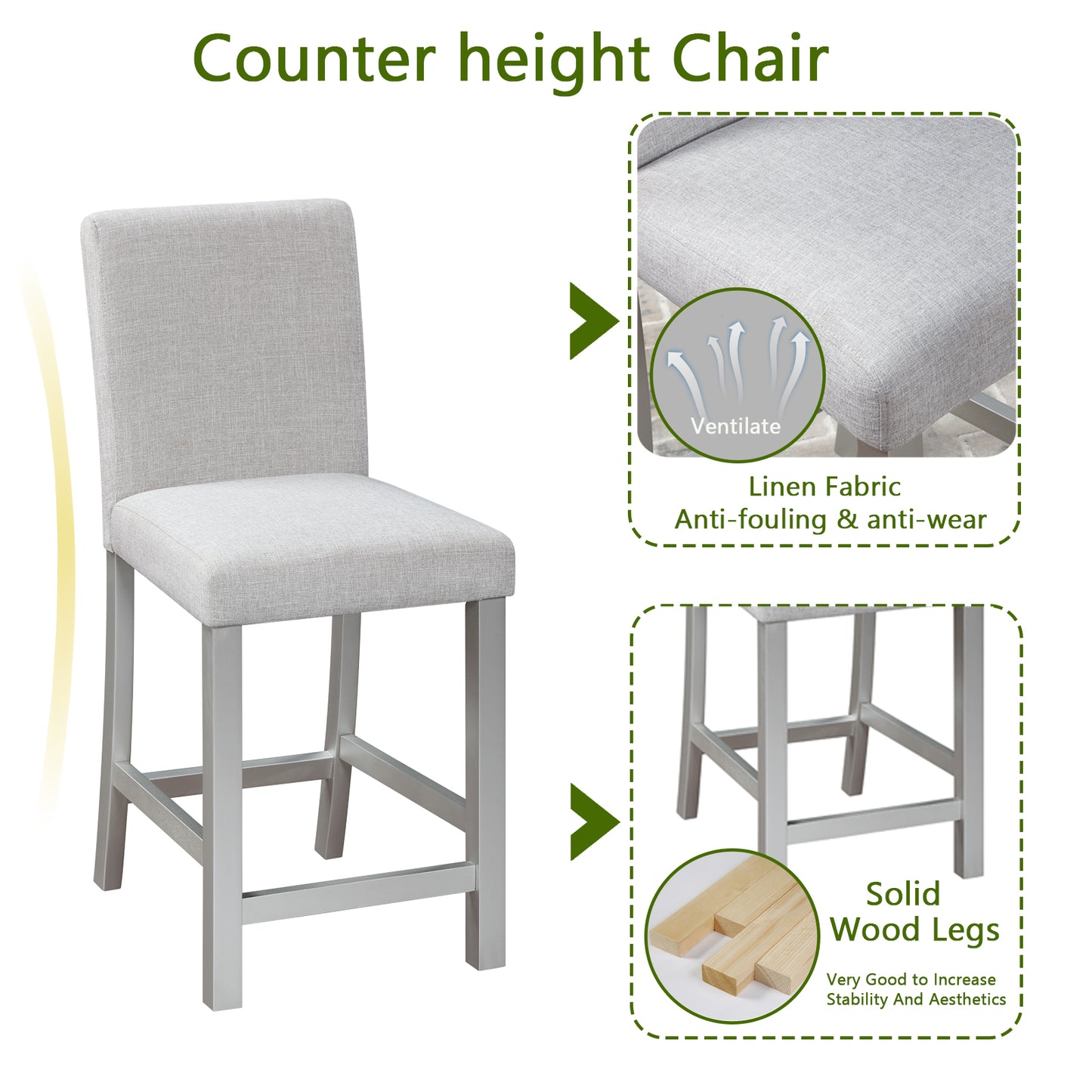 Light grey linen counter height chair with solid wood legs