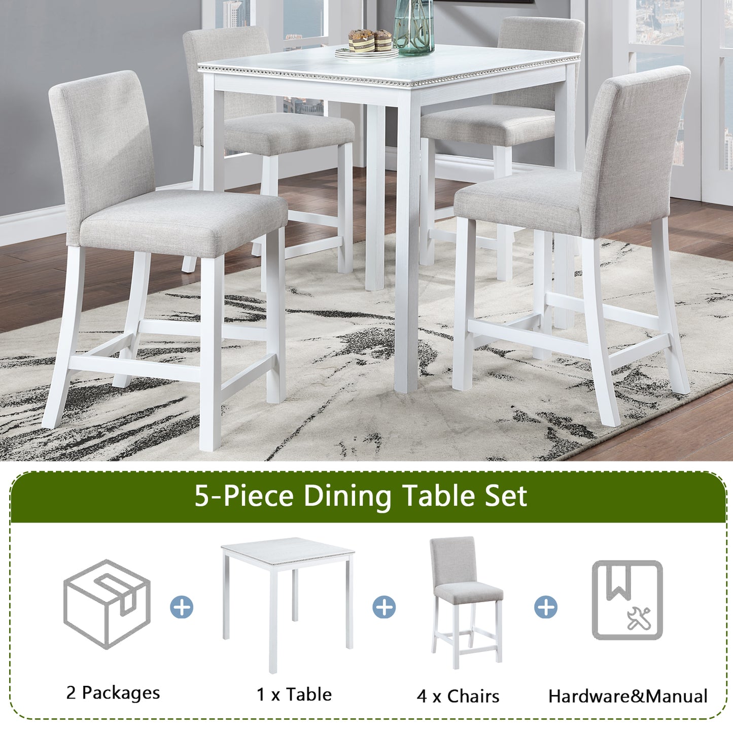White counter height dining table set with four upholstered chairs