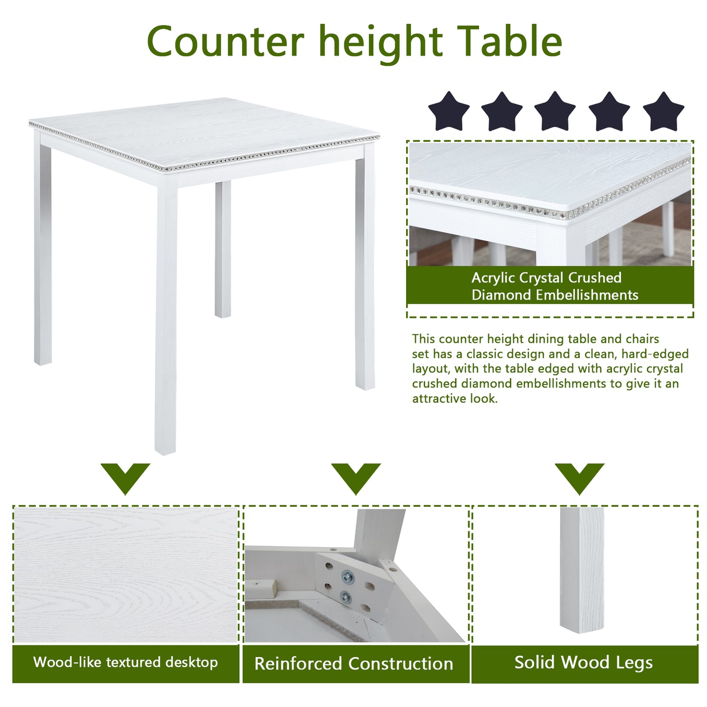 White counter height table with woodlike texture and diamond embellishments