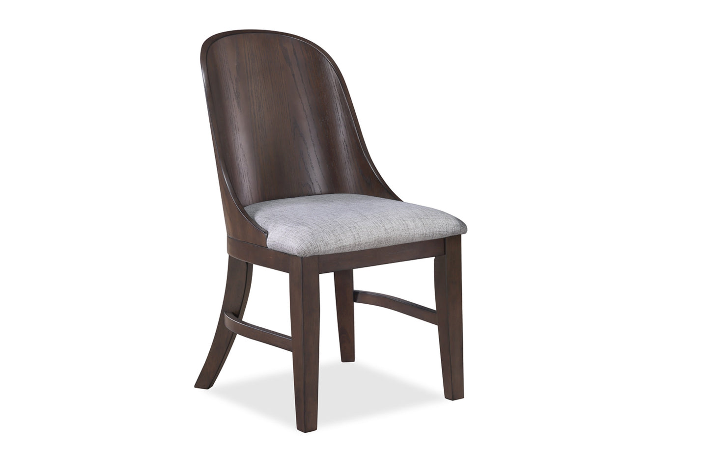 Dark wood dining chair with curved back and grey upholstered seat modern style