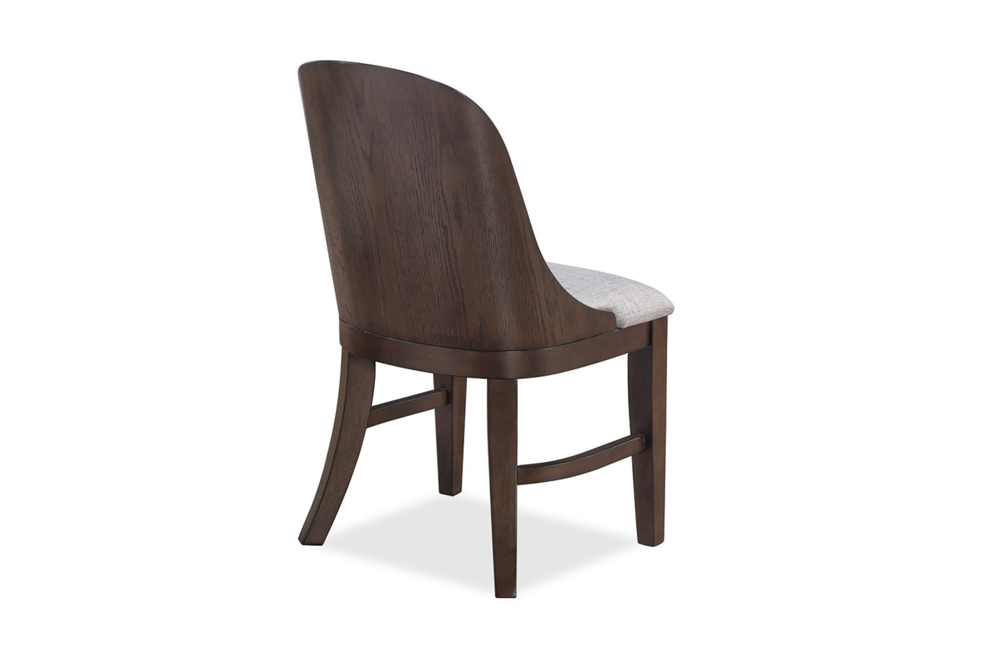 Dark wood dining chair with light grey upholstered seat and curved backrest