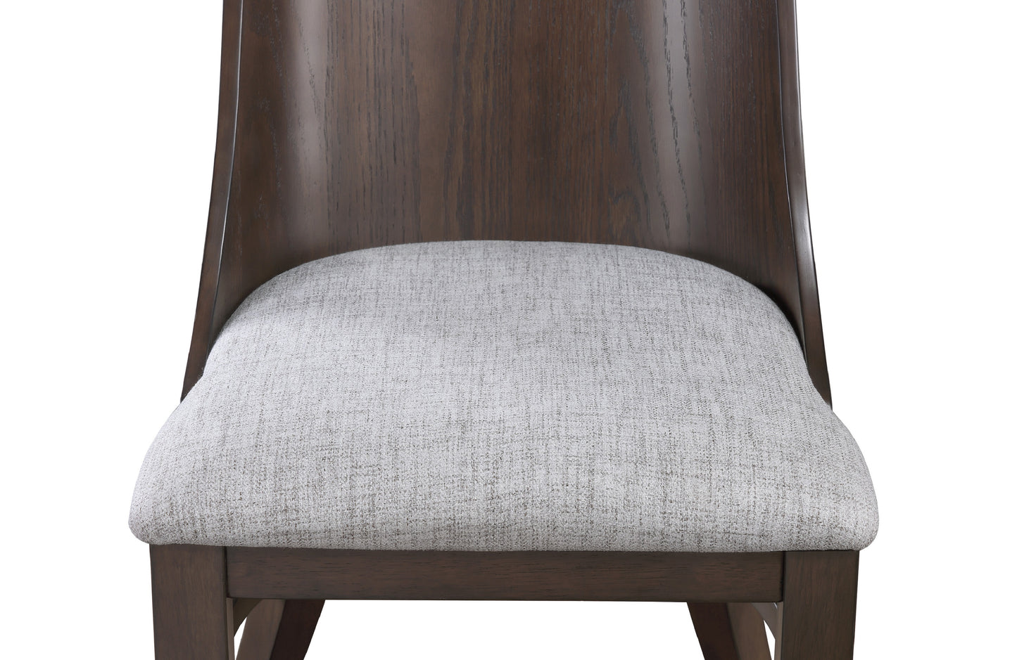 Modern dark wood dining chair with light grey upholstered seat