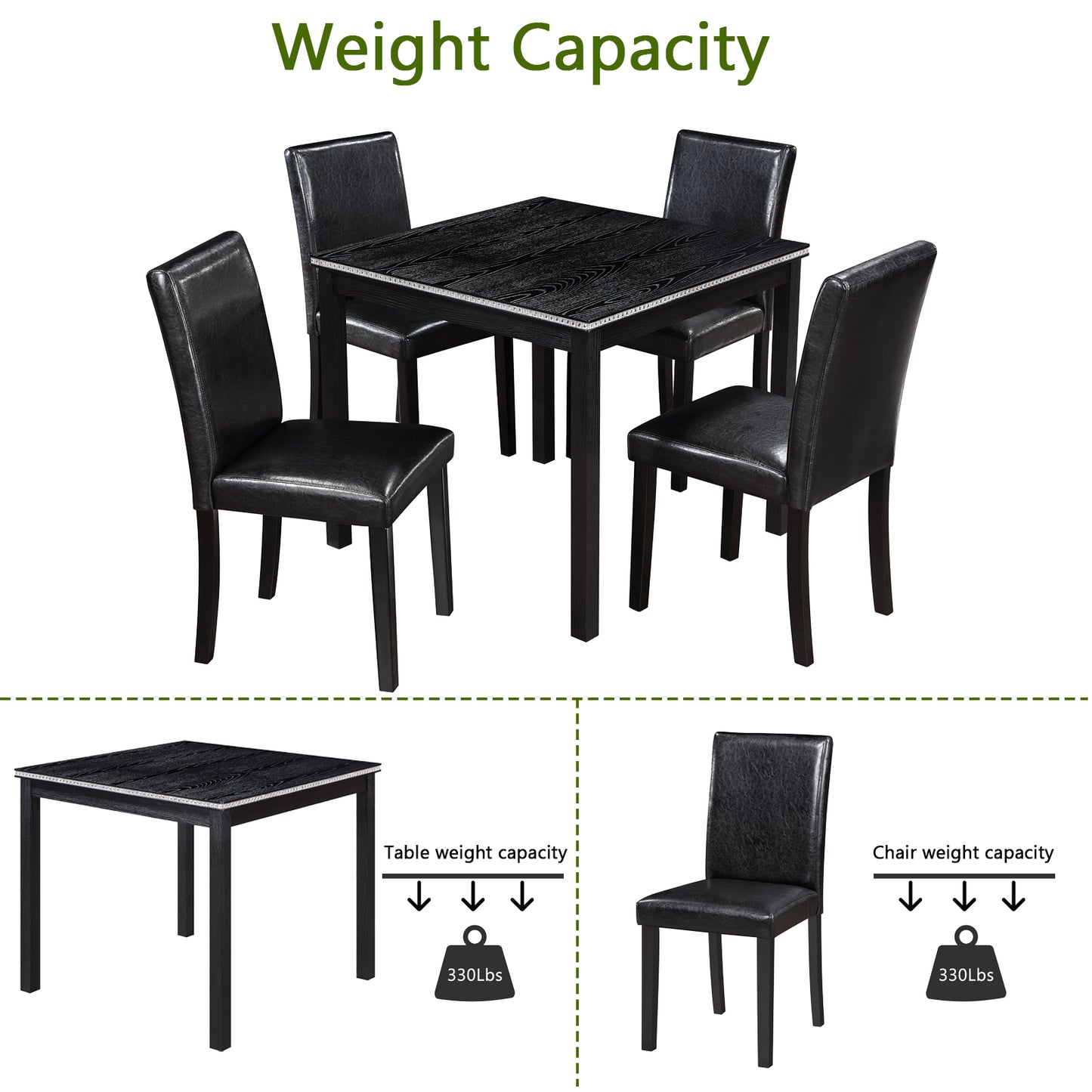 Black faux leather dining chairs around a woodgrain effect dining table with a silver trim