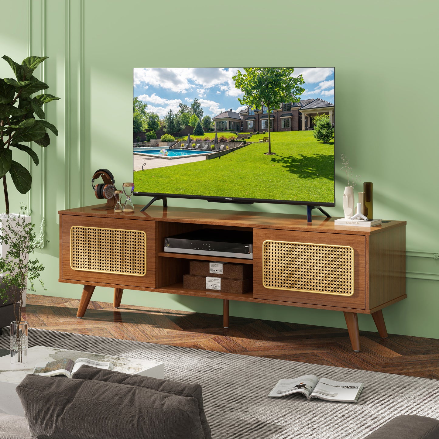 TREATLIFE HOME Mid Century Modern Rattan TV Stand with Storage and Charging Station, Walnut Finish, Fits Up to 65 Inch TV
