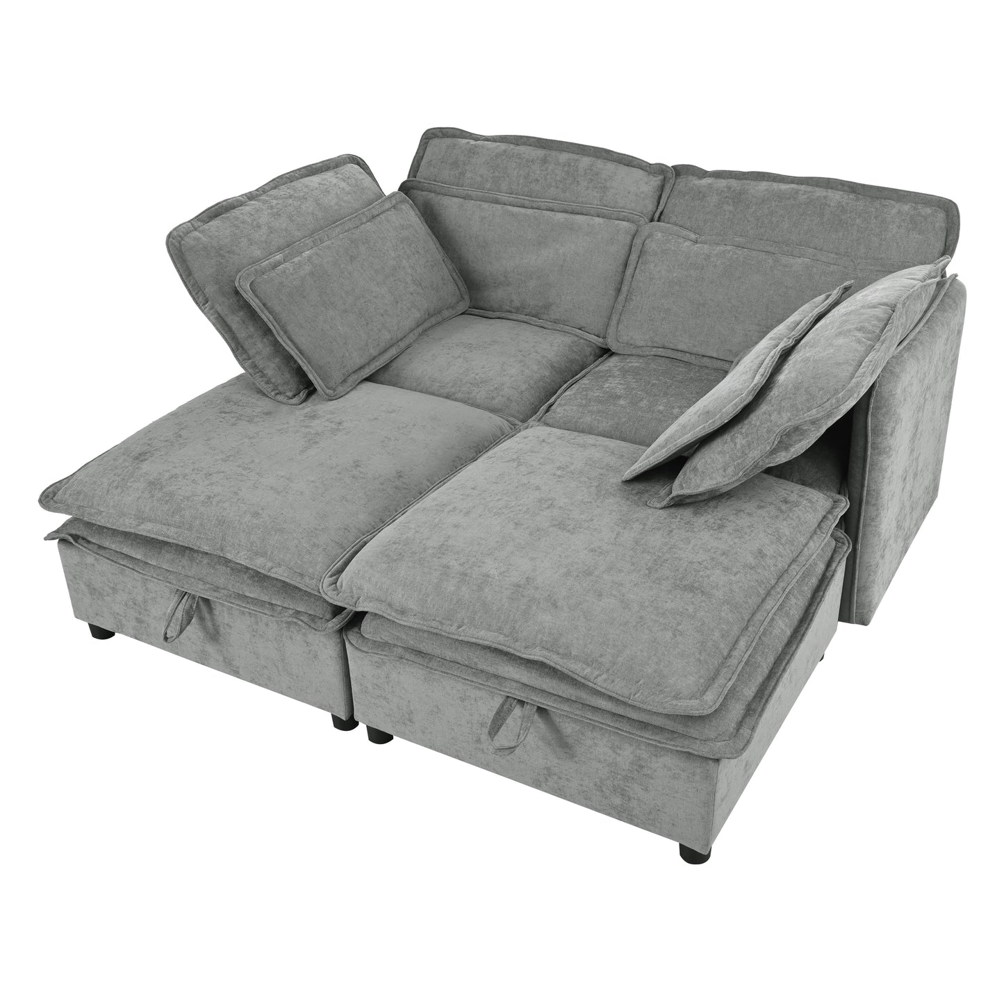 Plush gray sectional sofa with tufted cushions and hidden storage compartments