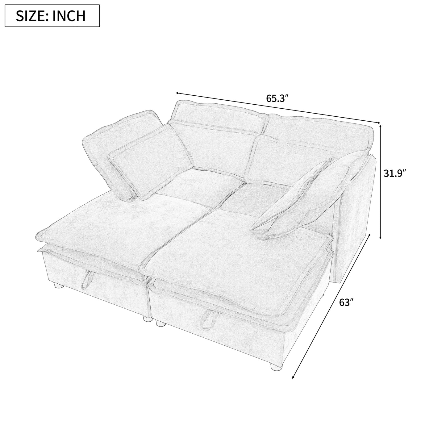 Sketch of a sectional sofa with plush cushions and builtin storage