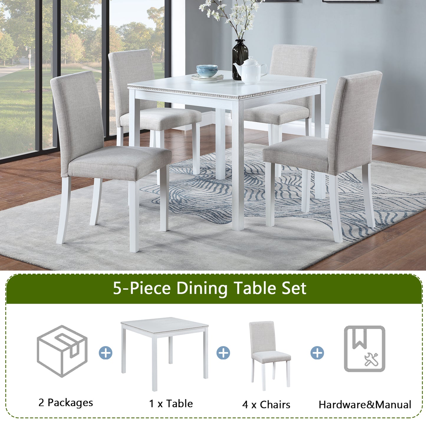 White piece dining table set with upholstered grey chairs and decorative studs