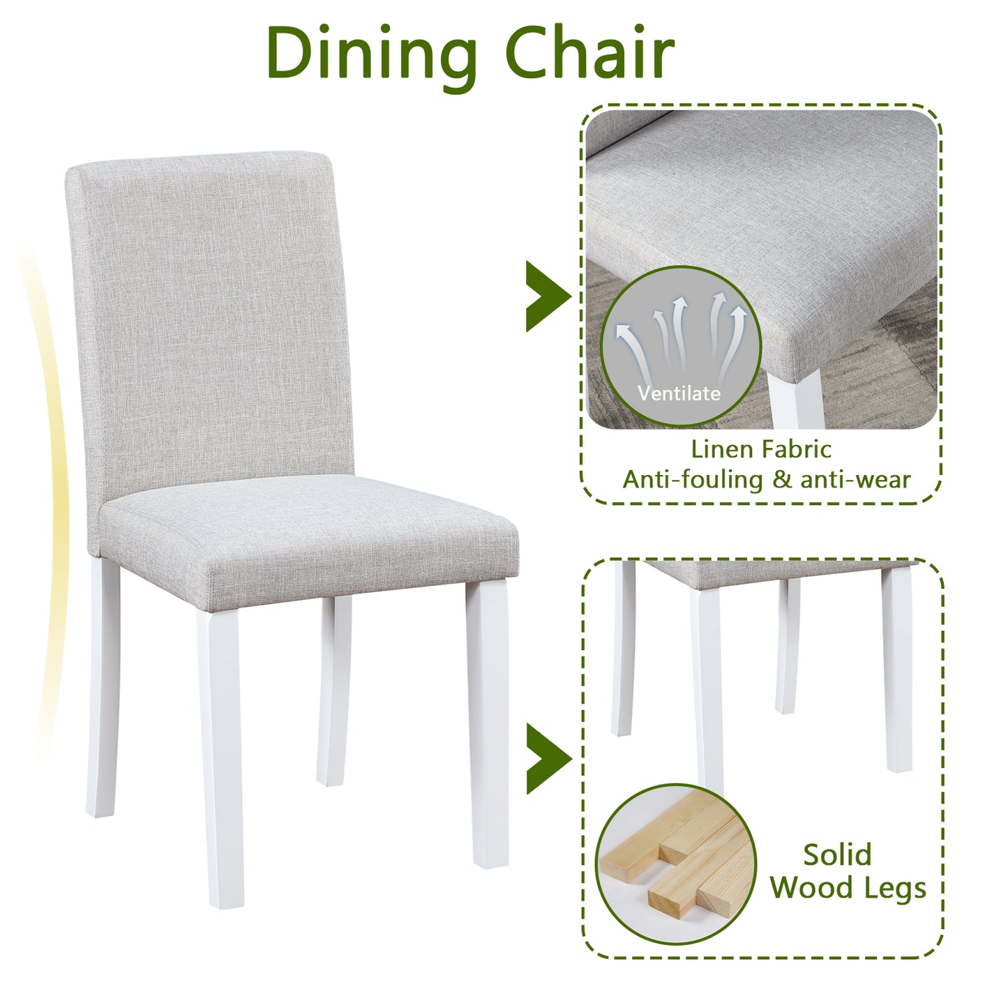Light gray linen dining chair with white wooden legs and ventilated seat