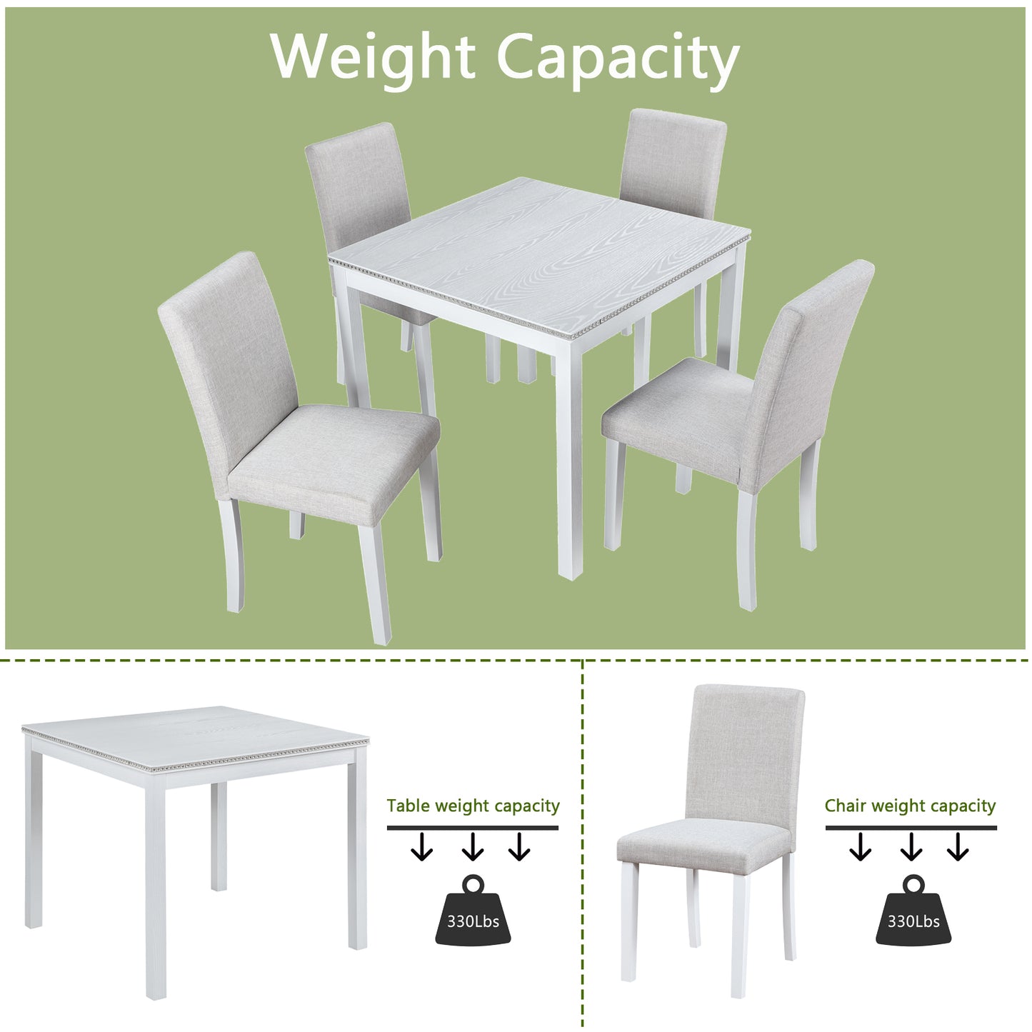 White square dining table with four upholstered chairs