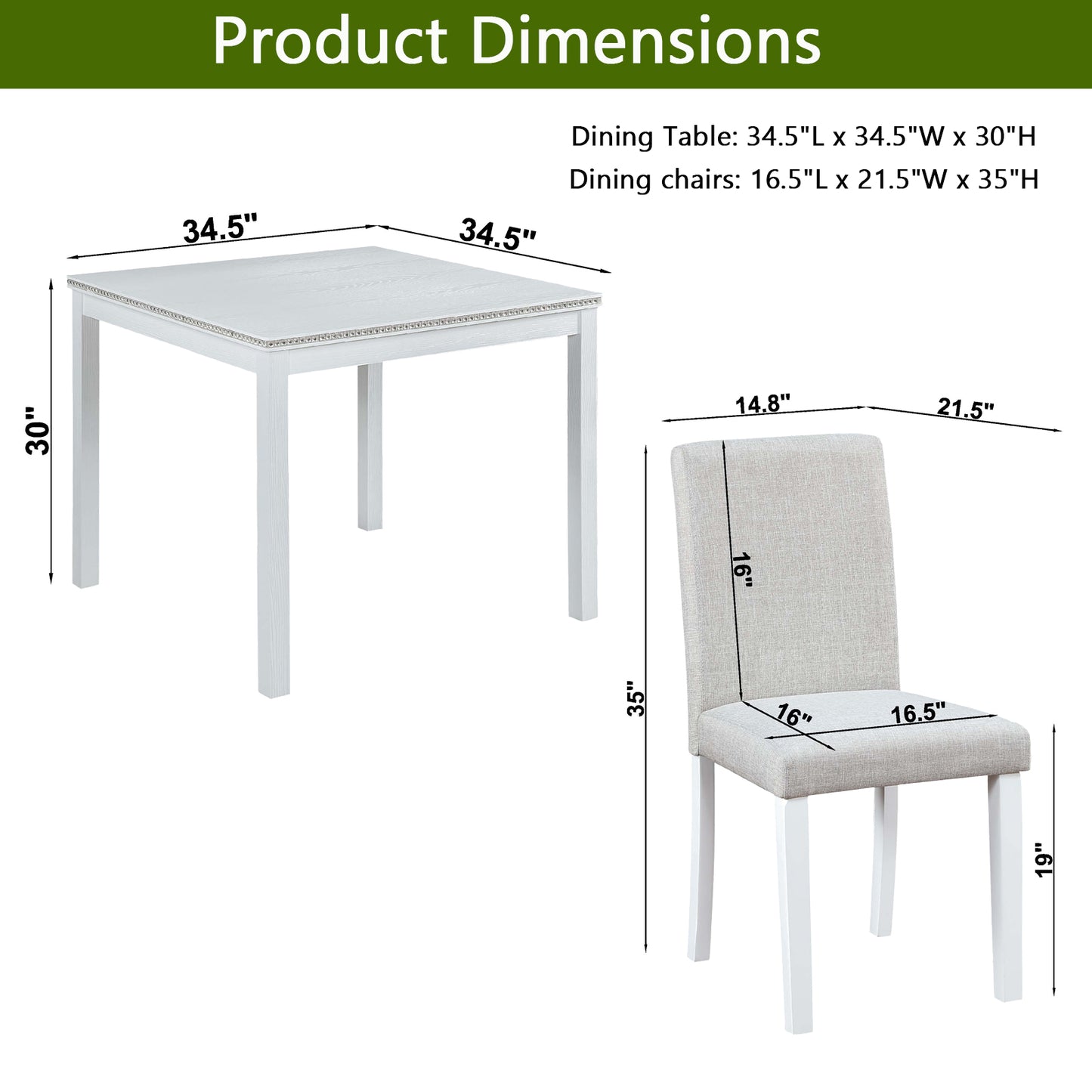 White wood dining table with dimensions shown