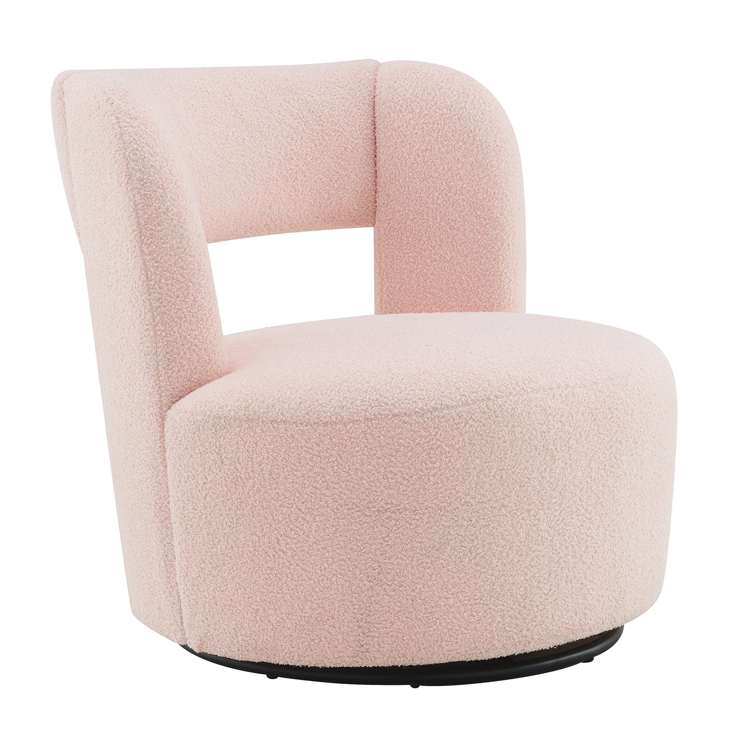 Soft pink boucle swivel accent chair with curved back and plush seat