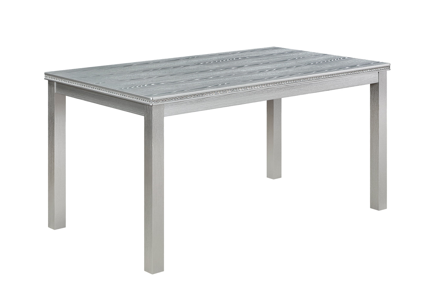 Rectangular dining table with silver wood grain finish and decorative border