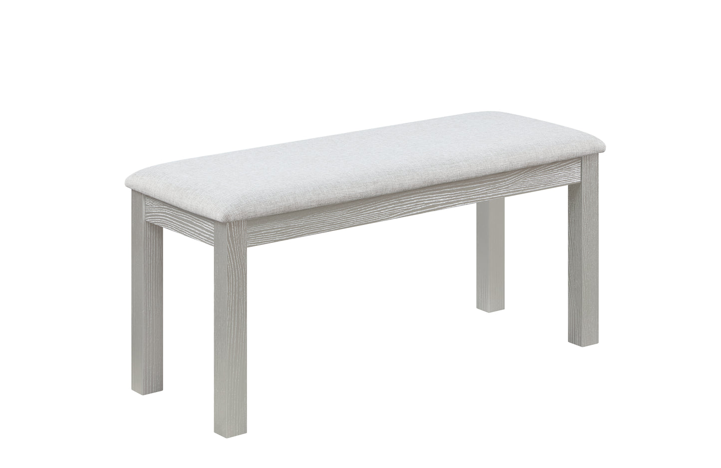 Light gray upholstered bench with a distressed wood frame perfect for entryway seating