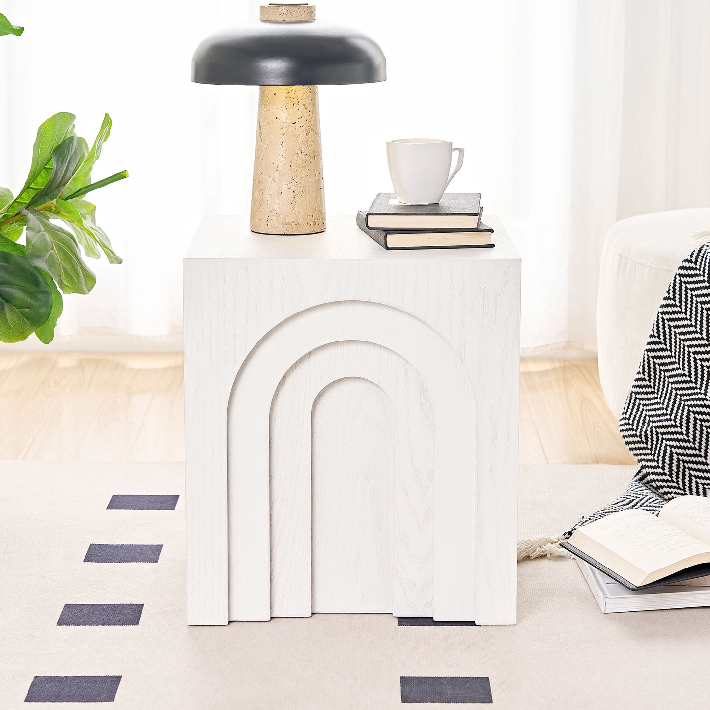White wood arched side table with minimalist design